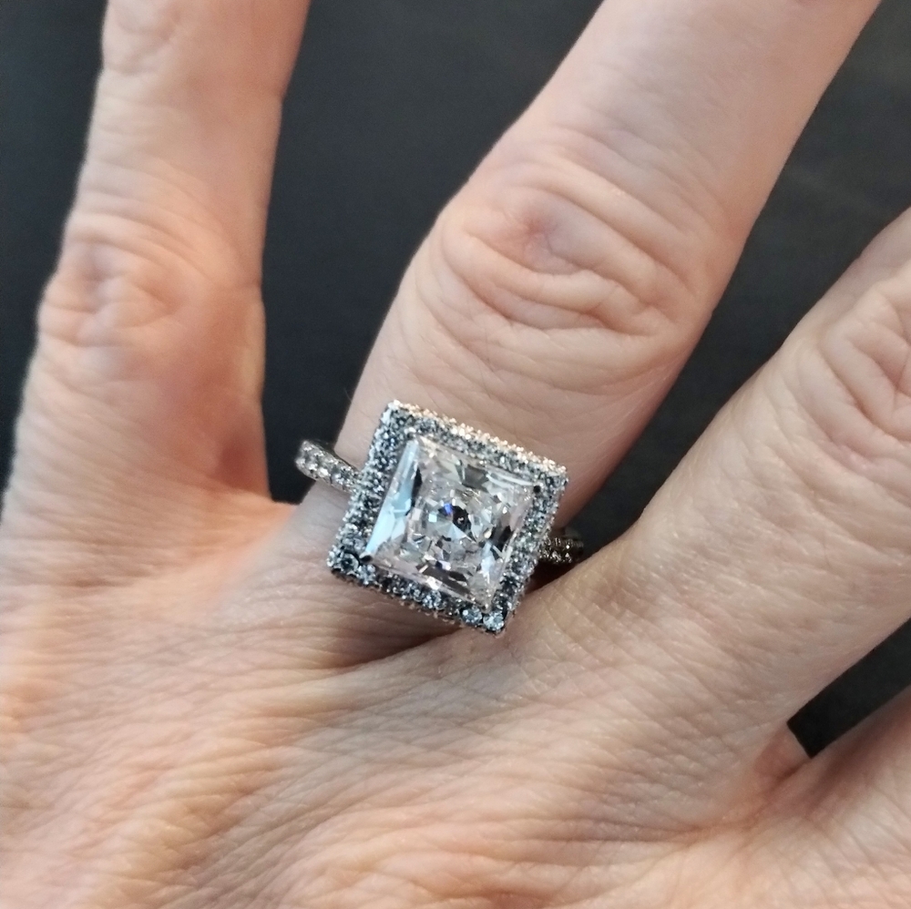 Lab created Princess Diamond Halo Ring